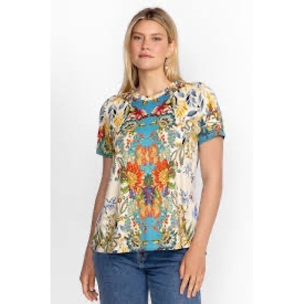 Johnny Was Womens Floral Print Short Sleeve Knit Top Multicolor Small NWT